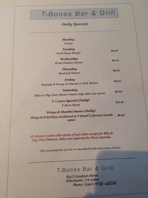 Menu photo 2 T- Bones Bar and Grill Winchester, VA Menu photo 2 T- Bones Bar and Grill Winchester, VA