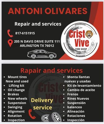 On-Site Mechanic! - At our tire shop, you're not just getting tires, you're getting expert service from a dedicated owner who’s also a skilled mechanic. With a passion for doing things right and a drive to give customers the best, we offer profitable, high-demand services like new and used tire sales, tire rotations, wheel alignments, balancing, flat tire repairs, TPMS diagnostics, and brake inspections.

We believe in honest work, fair pricing, and making sure every customer leaves safe, satisfied, and taken care of. Whether it’s a quick repair or a full set of new tires, you’re in good hands.

📞 Call or text (817) 615-1915—let’s get you back on the road with confidence.