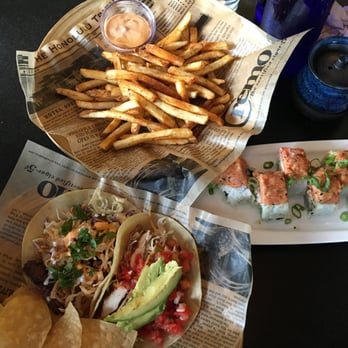 Pacific Catch - Seasoned fries, inside/outside roll, beef taco, & chicken taco - Seafood Near Me - San Mateo, California