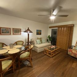 Gray's Furniture - Dining room table and chairs; living room sofa, coffee table and recliner.