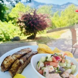 Brigham Fish Market - Grilled halibut w/shrimp ceviche side (or salad) $28