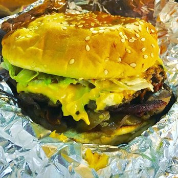 Five Guys - Little bacon cheeseburger. "All the way minus pickles and mustard" - Burgers Near Me - Cabazon, California