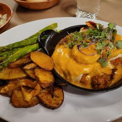 The Village Haven - 2 sole stuffed with seafood stuffing topped with giant shrimp, Newburgh sauce, roasted potatoes and asparagus. $36. Delicious!