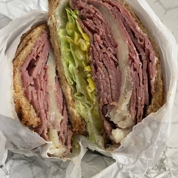 Bara's Deli - Hot Pastrami Sandwich, multigrain slice bread, lettuce, mustard, Mayo, pickles and pepporcinis, provolone - Delis Near Me - San Leandro, California