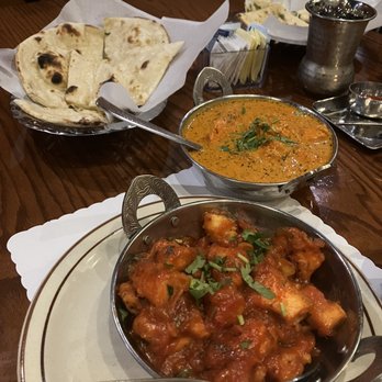 Little India - Mango Chicken (bottom), Chicken Tikka Masala (top) and Naan bread - Indian Near Me - American Fork, Utah