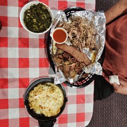Flame Kissed BBQ - The two meat sampler with macaroni and cheese and collards