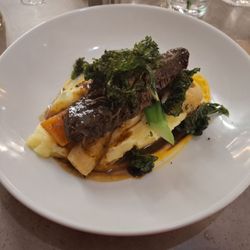 People's Restaurant - Beef cheek with tarragon and garlic mash, crispy kale, and broccolini