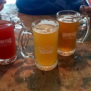 Seattle Beer Co - Sealine IPA (middle), Outlander Boysenberry cherry Sour (left), Bifrost Winter Ale (right) - Beer Bar Near Me - Seattle, Washington