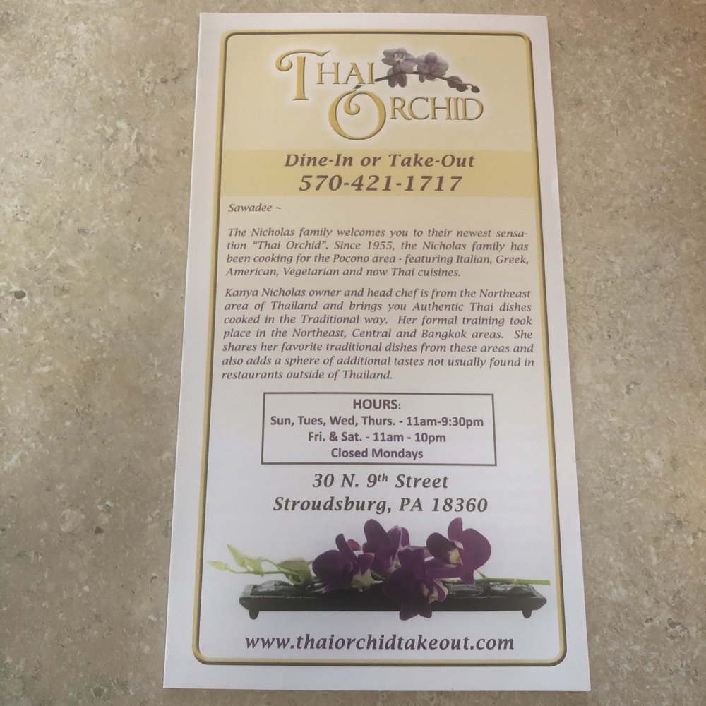 Thai Orchid - Menu front - Thai Near Me - Stroudsburg, Pennsylvania Thai Orchid - Menu front - Thai Near Me - Stroudsburg, Pennsylvania