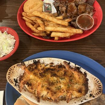 Beefside - Shrimp casserole (bottom) with baked potato - Seafood Near Me - Concord, New Hampshire