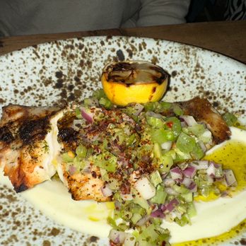 Manuela - Grilled Yellowtail, Castelvetrano Olives, Red Onion, Celery Aioli, Lemon - New American Near Me - Los Angeles, California