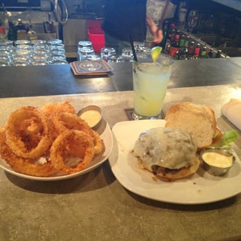 Flip Side - Philly Burger W/ Onion Rings and a Flip Side Margarita - Burgers Near Me - Columbus, Ohio