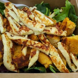 City Edge Cafe - Grilled haloumi, sweet potato pattie with garden greens, sun dried tomats and avo. No onion. Joy!