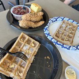 Our meal - chicken & massive waffle(we split it), rice & beans, cornbread