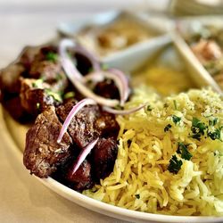 Garden Mediterranean Grill - Lamb Shish Kabob Platter SPICY w/rice, tahini salad, garlic sauce & hummus. Superb. Winners Circle Indeed OuiOui :)...
