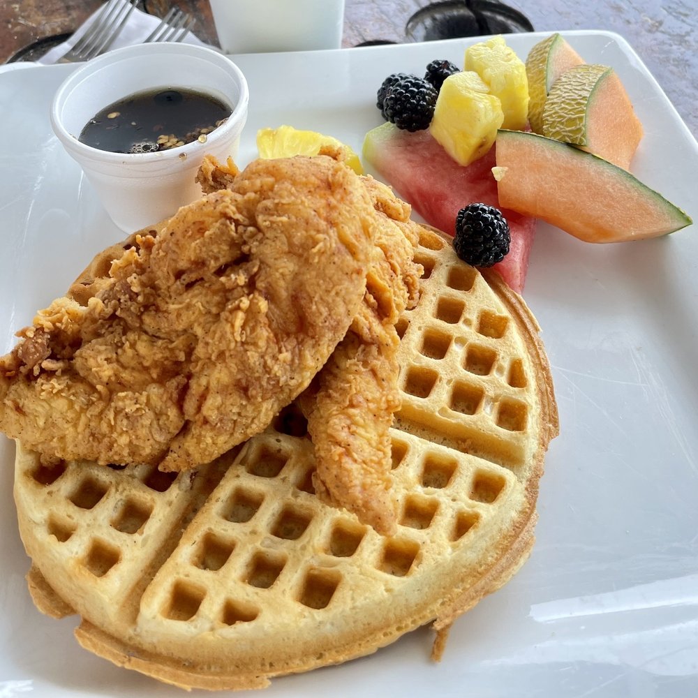 Red Rooster IceHouse - Chicken and waffles with a side of fresh fruits - American Near Me - Hawkins, Texas Red Rooster IceHouse - Chicken and waffles with a side of fresh fruits - American Near Me - Hawkins, Texas