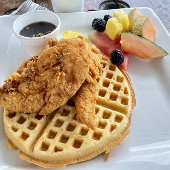 Red Rooster IceHouse - Chicken and waffles with a side of fresh fruits - American Near Me - Hawkins, Texas Red Rooster IceHouse - Chicken and waffles with a side of fresh fruits - American Near Me - Hawkins, Texas
