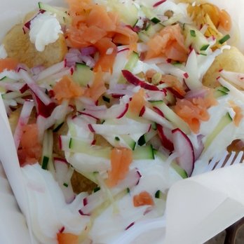 AZ88 - "St. Petersburg Potatoes", came with smoked salmon, sour cream, cream cheese, potato chips, cucumber, onion, and radish ($12). - American Near Me - Scottsdale, Arizona AZ88 - "St. Petersburg Potatoes", came with smoked salmon, sour cream, cream cheese, potato chips, cucumber, onion, and radish ($12). - American Near Me - Scottsdale, Arizona