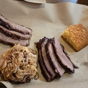 Mission Bbq - 3 meat plate double brisket and pulled pork with cornbread - Barbeque Near Me - Fayetteville, North Carolina Mission Bbq - 3 meat plate double brisket and pulled pork with cornbread - Barbeque Near Me - Fayetteville, North Carolina
