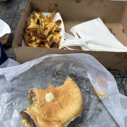 Beansie's Bus - Small loaded fries and bacon cheese burger.