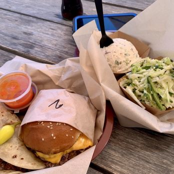 Priedite Barbecue - Bandito cheeseburger, coleslaw, potato salad, tacos w brisket and shredded pork - Barbeque Near Me - Los Alamos, California