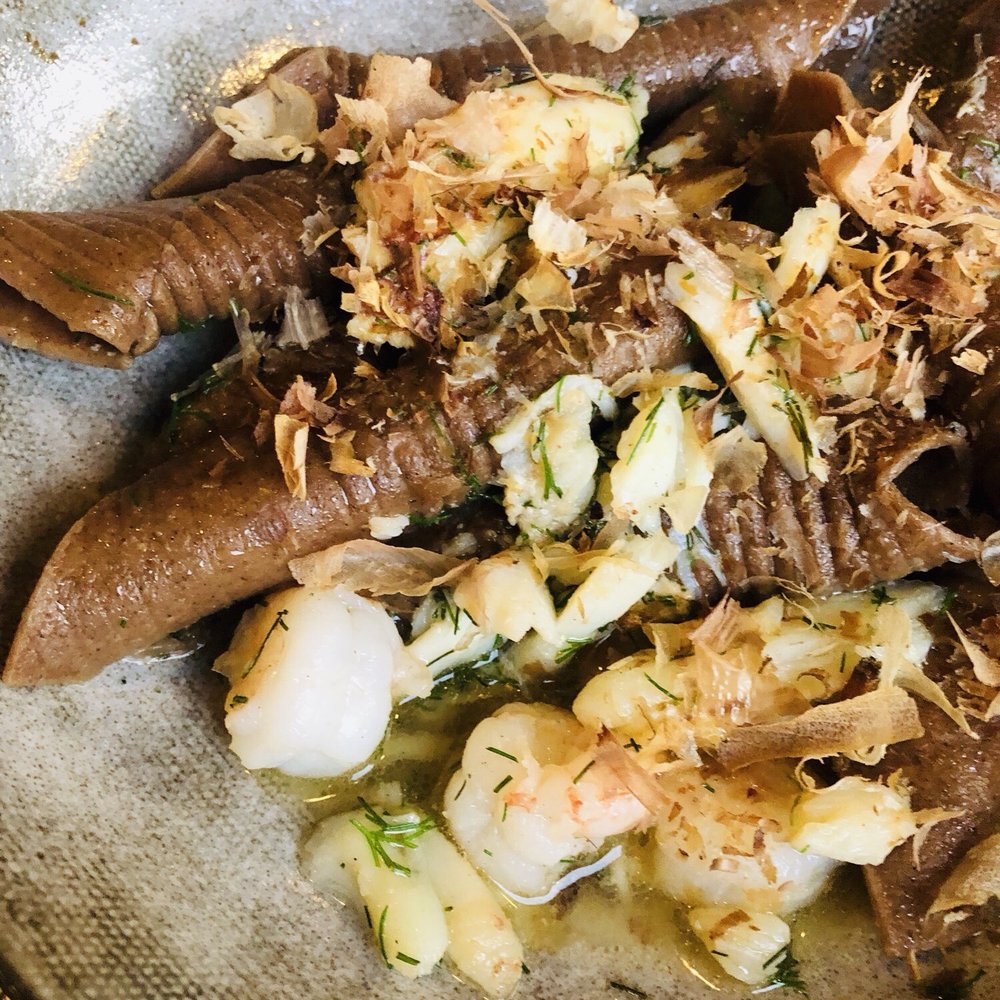 Carrello - Grano arso garganelli: dungeness crab, rock shrimp, brown butter, katsuobushi pasta. - Italian Near Me - Seattle, Washington Carrello - Grano arso garganelli: dungeness crab, rock shrimp, brown butter, katsuobushi pasta. - Italian Near Me - Seattle, Washington