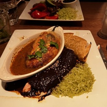 Cafe Pasqual's - Mole Enchiladas and Chile Relleno With Tomato jalapeno Salsa and taco - Vegetarian Near Me - Santa Fe, New Mexico