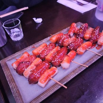 Dangol - Sausage & Rice Cake Skewer in Sweet Spicy Sauce/So-tteok So-tteok/소떡소떡. $7 per two. Solid as per other spots - Korean Near Me - Flushing, New York