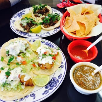 Taco Burger Place - Carne asada tacos on top left. Fish tacos on bottom left. Red (super spicy) & green salsa with house tortilla chips. - Seafood Near Me - El Monte, California