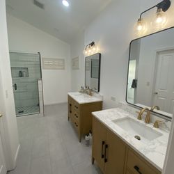 J.J.'ll Do It - Removal of old vanity and installation of separate vanities and lighting. New flooring.