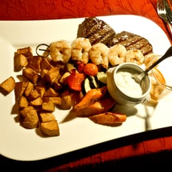 Chabos im Hühnerhof - Restaurant Chabos, Angus-Huftsteak mit Garnelen