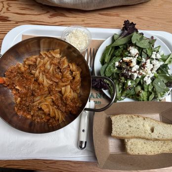 Fatto A Mano - Bolognese w/Fussili pasta, side salad & bread - Italian Near Me - Oakland, California Fatto A Mano - Bolognese w/Fussili pasta, side salad & bread - Italian Near Me - Oakland, California