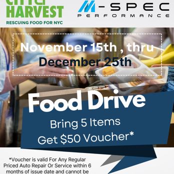 M-Spec Performance - Food Drive! Donate 5 items get $50 Off Auto Repair. - Auto Repair Near Me - Queens, New York M-Spec Performance - Food Drive! Donate 5 items get $50 Off Auto Repair. - Auto Repair Near Me - Queens, New York
