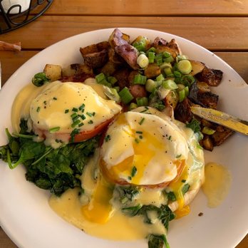 Chad's - California Eggs Benedict with home fries. - Breakfast & Brunch Near Me - Santa Barbara, California