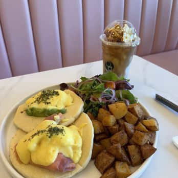 Gram Cafe & Pancakes - Egg Benedict Pancakes  Instagram: @hungrytamale - Pancakes Near Me - Irvine, California