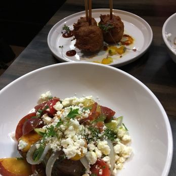 Liter House - cornwurst and tomato/peach/cucumber salad - Caterers Near Me - Indianapolis, Indiana