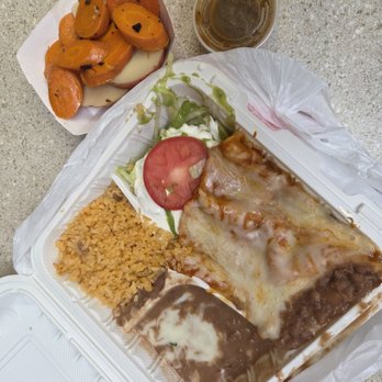 Taqueria El Tapatio No 2 - Cheese enchilada combo with some salsa on the side with carrots and potatoes. - Mexican Near Me - Oxnard, California Taqueria El Tapatio No 2 - Cheese enchilada combo with some salsa on the side with carrots and potatoes. - Mexican Near Me - Oxnard, California