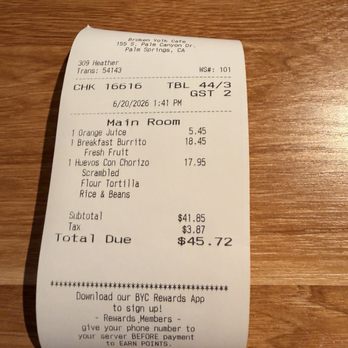 Broken Yolk Cafe - Receipt of order - Cafes Near Me - Palm Springs, California