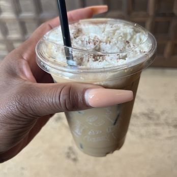 Cherry Coffee Shop - Rose Nylund Latte (Peanut Butter Latte with Banana whipped cream) - Coffee & Tea Near Me - Fort Worth, Texas