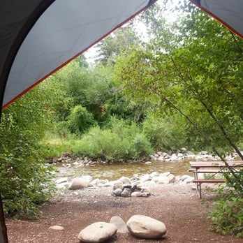 Elk Creek Campground - Large tent site -- put the tent on the higher area and lower area had picnic tables, fire ring, and wood-burning grill, - Campgrounds Near Me - New Castle, Colorado