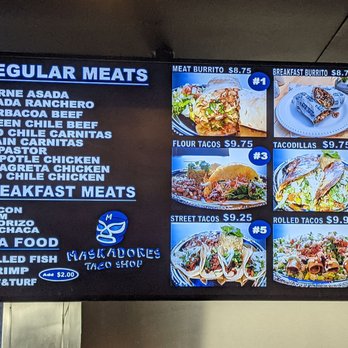 Maskadores Taco Shop - Left side of Menu & Meat Options (9/2021) - Mexican Near Me - Mesa, Arizona