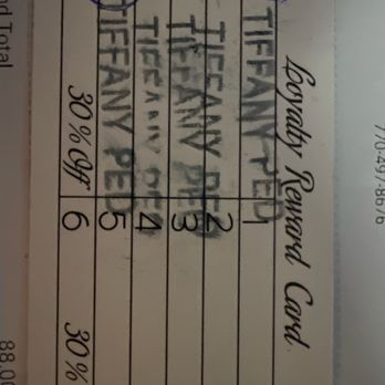 Tiffany's Nails - This the loyalty card they give you if you have 6 visits it's suppose to be 30% and he just made up his own discount of 16.98% - Nail Salons Near Me - Duluth, Georgia Tiffany's Nails - This the loyalty card they give you if you have 6 visits it's suppose to be 30% and he just made up his own discount of 16.98% - Nail Salons Near Me - Duluth, Georgia