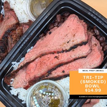 The Mighty Plate - Smoked Tri-Tip paired with hearty black beans and fluffy white rice, finished with our vibrant house-made chimichurri sauce. - Food Delivery Services Near Me