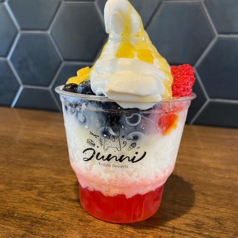 Junni Desserts - Fruit bingsoo with popping boba on the bottom. - Desserts Near Me - Folsom, California Junni Desserts - Fruit bingsoo with popping boba on the bottom. - Desserts Near Me - Folsom, California