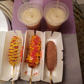 Two Hands Corn Dogs - So yummy!! Rice crispy, potato, Injolemi and horchata slush! - Hot Dogs Near Me - Whittier, California