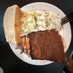 Hank's # 1 Bbq - Pulled pork and ribs with potato salad, and coleslaw