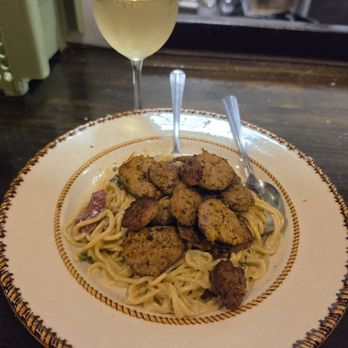 Blue Duck Italian Kitchen - Pasta is Marsala with sliced meat balls over freshly made spaghetti. Wine, Prairie Peach. - Italian Near Me - Cisco, Texas Blue Duck Italian Kitchen - Pasta is Marsala with sliced meat balls over freshly made spaghetti. Wine, Prairie Peach. - Italian Near Me - Cisco, Texas