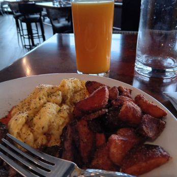 Copper and Salt Northwest Kitchen - Steak, Eggs, Potatoes, and a glass of Orange Juice - Breakfast & Brunch Near Me - Ruston, Washington
