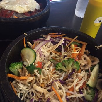 Choose And Mix - Chicken bibimap with vegetables in a hot stone bowl that gave me a steam facial - Korean Near Me - Worcester, Massachusetts
