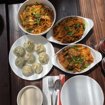 Phayul - Vegetable Momo, Lhasa Fried Noodle, spicy beef tripe, pork and vegetable stir fry, and Butter Tea - Himalayan/Nepalese Near Me - Jackson Heights, New York